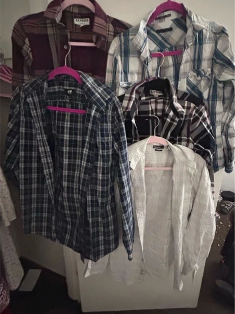 Express Men’s Plaid Button-Down Shirt Bundle in Blue, White, Brown Tones set